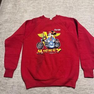 Vintage 90s Mickey Mouse Florida Motorcycle Sweatshirt Sherry USA L 14-16 Red
